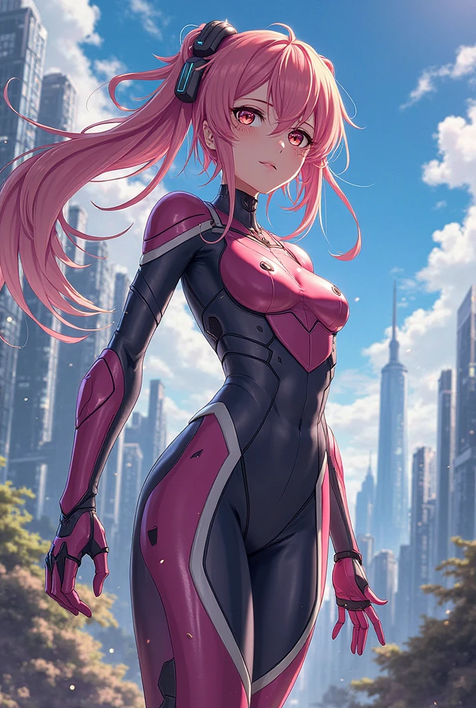 masterpiece, best quality, kenmarinaris, red eyes, bodysuit, shoulder pads, gauntlets, black gloves, thigh boots, looking at viewer, futuristic building <lora:kenmarinaris-nvwls-v1-000012:0.9>