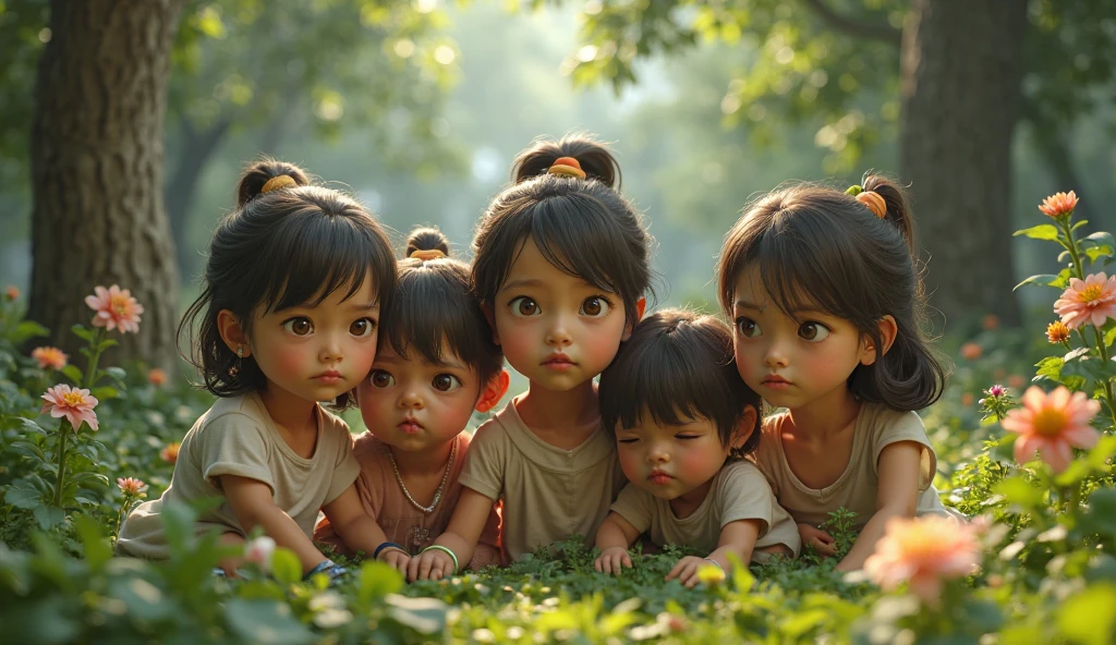 Lindas meninas, todas felizes e sorridentes, todas com cabelos longos ruivos com lindas mechas douradas e levemente ondulados, todas de pele branca com um leve tom rosado, todas com olhos castanhos esverdeados, em um lindo campo florido, com muitas arvores e rosas ao redor, retrato detalhado, complexidade intrincada, rule of thirds, Sunset, Tinta fosca, luminescente, Artistic Station, arte conceitual, Arte Nova, Ilustrativos, Smooth and sharp focus Highly detailed, Maximalista e Realista.