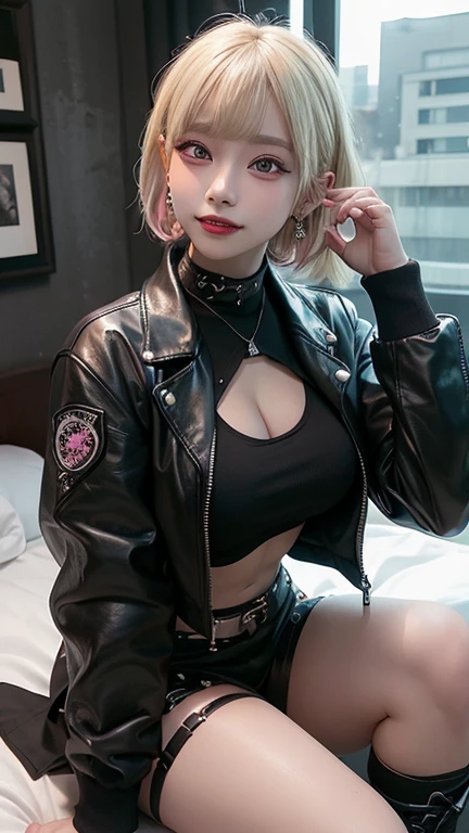 The background is a sensual bed, a woman without panties with bra, a man by her side, a TV in the back, very spicy and a table in the back in a room.