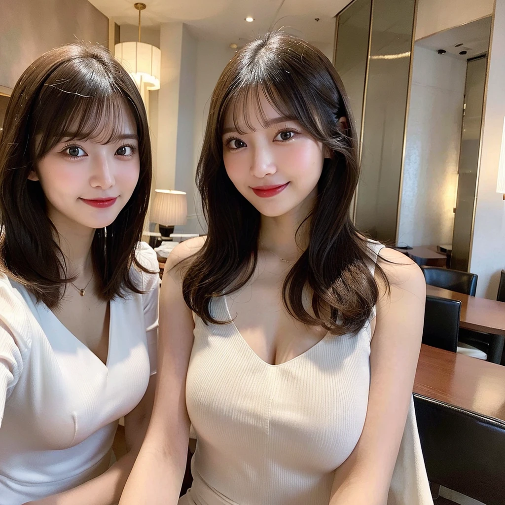 (masterpiece:1.3), (8K, Photoreal, Raw photo, best image quality: 1.4), Japanese high school girl、Similar identical twins、2 girls、(random hairstyle:1.2)、cleavage:1.2、super detail face、eye for details、double eyelid、chest to chest、sharp focus:1.2、Beautiful woman:1.4、light brown hair、highest quality、masterpiece、Super high resolution、(Photoreal:1.4)、Highly detailed and professionally lit smiles、loose and light knitwear, Two girls whose faces, figures, and standing positions are perfectly copied like the virtual image reflected in the mirror and the real image.,To her rightside there is a mirror in which she sees herself., all girls are exactly the same face