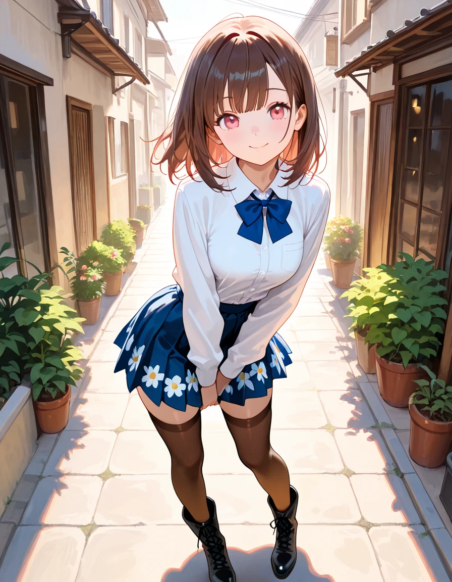 masterpiece, Highest quality, Brown haired beautiful girl、high school girl１６age、big eyes（Yellow Eyes）、bob cut、Deer antlers growing from his head、Sailor suit（white）、scarf（light blue）、Thighs、smug face、smug、Duck mouth、Pleated mini skirt、jumping（1.3）、from be low、School Garden、sunny、morning、miduam weight.、Head to Knee、From below、Cute pose