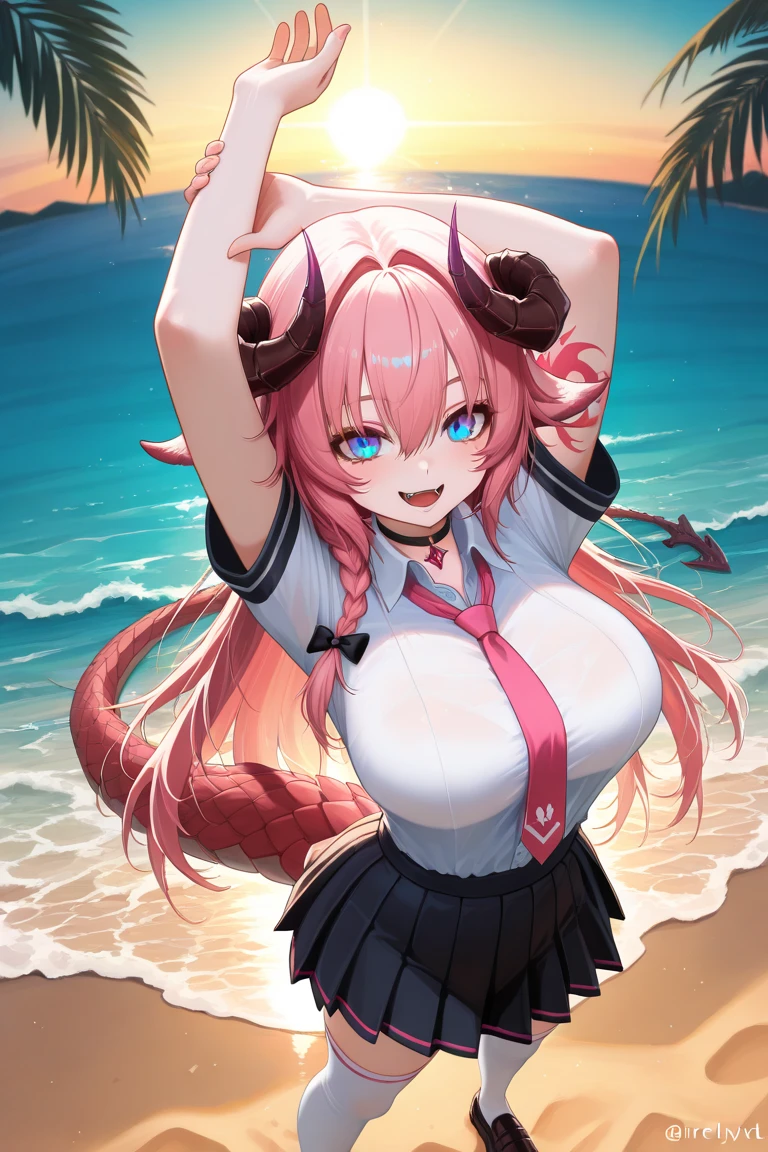 Vibrant, high-definition anime-style illustration set on a tropical beach. The layout features a central female character, Narmaya, with long pink hair, partially covered by a hooded cloak adorned with brown horns. She has fair skin, large expressive blue eyes and pink pupils, and a small blue butterfly hair clip. One eye is covered by her hair. The character is wearing a revealing black bikini with gold accents, and her hands are holding the edges of her cloak. The background showcases a pristine beach with white sand, lush green foliage, and tall palm trees. The clear blue sky and turquoise ocean complete the idyllic setting, with distant islands visible on the horizon. Narmaya and her attire are meticulously detailed. The intense effort put into shading brings this image to a realistic style. Gorgeous vibrant colors draw the eye. Narmaya's suggestive stance brings the viewers focus to her large and perfectly shaped breasts. (masterpiece), best quality, expressive eyes, perfect face, suggestive pose, purple and pink background, seductive, fantasy, 8k, absurdres, narmaya, pink hair, blue eye with pink pupil, hair over eye, draph, horns, butterfly hair clip, black bikini, hood, defined hands, perfect hands, perfect fingers,