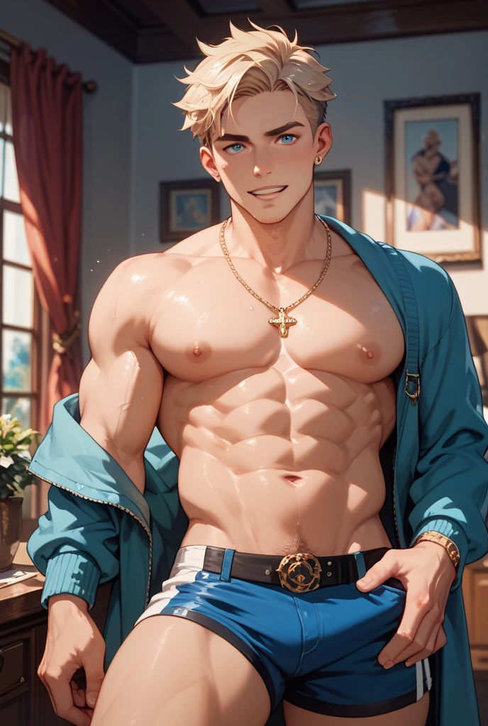 (obra-prima, melhor qualidade: 1.2), tema laranja, tiro de cowboy, solo, foco masculino, 1boy, rengoku kyojuro, sorriso, olhando para o espectador, folded arms, cabelo longo, sobrancelhas bifurcadas, Sem camisa, de sunga, cueca, fogo, sexy, corpo inteiro, musculoso, position: (pushup) doing push-up