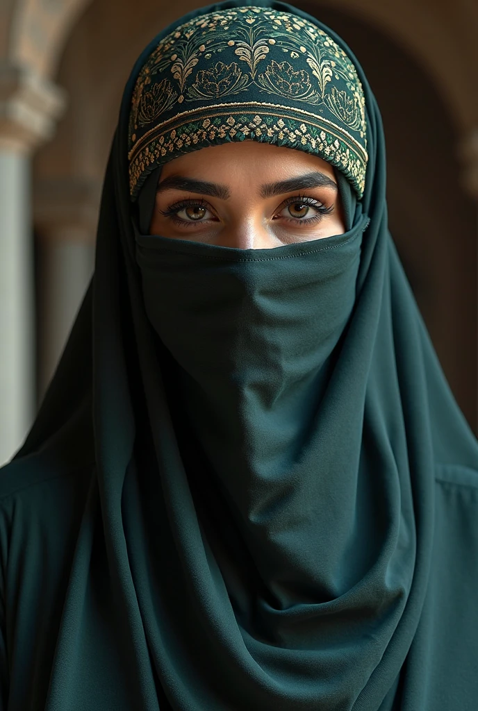 A beautiful woman wearing a burqa with only her head visible, wearing a dupatta on her head and wearing a green pathani dress with clear words (HAFSA) written on the back wall, which is clearly visible and has a beautiful design.