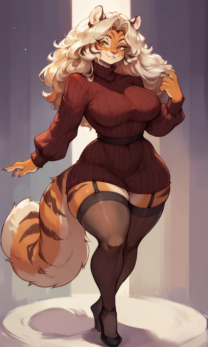 female anthro zebra ,Brown long fluffy hair, fluffy hair, zebra, (giant breasts:1.3), attractive, knitted sweater hole dress, thicc body, thicc body, thicc, freckles, freckles on face, neutral expression, smug eyes, garter belt tights, she is standing (thick thighs:1.5)
