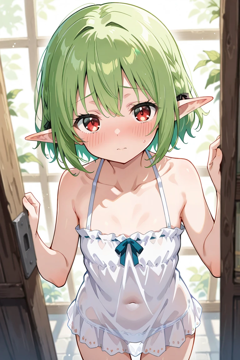 girl,embarrassed,light green hair,short hair,red eyes,pointy ears,small breasts,nsfw,nude