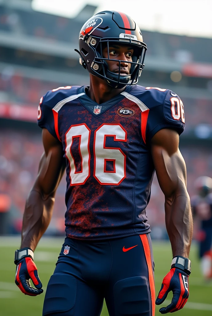 Custom football uniform in primary orange color with white and navy blue details and black shorts with a crest on the left side of the chest that reads Bela Vista 