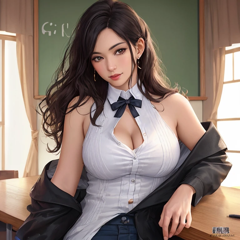(masterpiece, highest quality: 1.2), night(chainsaw man),(highly detailed face, real image, realistic skin, realistic body, intricate details), red eyes (Intimidating look), light blush, social attire, semi-open button up shirt (white), whiteいブラジャー, skirt (black), black belt with buckle, big hair (I was particular about braids.), small breasts, close, big thighs, classroom, blackboard.