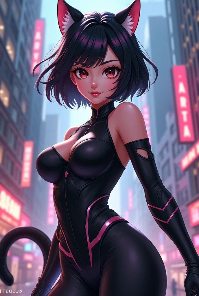 A woman with 20 years old, white skin, short black hair, red eyes, beautiful face with light details, in front of the camera, view from above, black latex clothes, purple collar, very tight clothes, very detailed, anime style, high resolution, night background, back lighting, sexy curvy body, oil painted