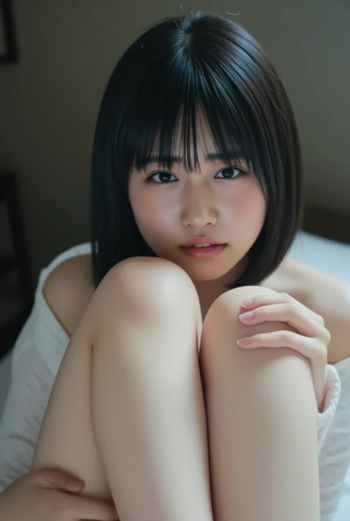 lens: 135mm f1.8,(Highest quality), (Beautiful 18 year old Japanese girl), (Moist lips), Narrow eyes, double eyelid,Delicate clavicle,Flat Chest,Shortcuts, A faint smile, Professional Lighting,
(Completely naked), (Sunburned skin:0.2),Full body photo、Full Body Focus、On the white bed、Legs are open to the limit