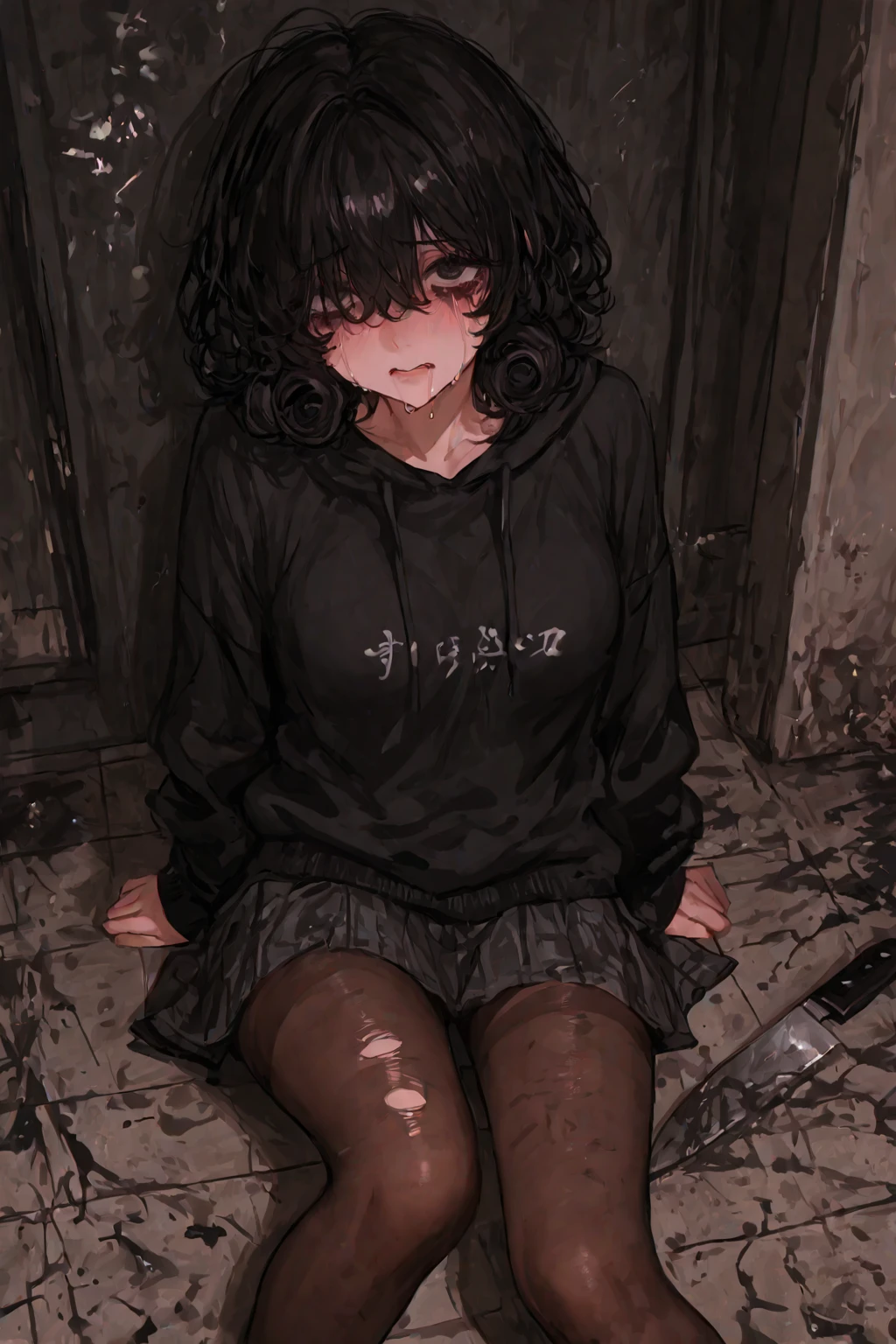 Masterpiece、Cinematic、Highest quality、Super detailed、Detailed clothing、Clear Face、Detailed face、Detailed skin、1人のgirl、6 years old、girl、、Torn clothes、、Worn clothes、Embarrassing、blush、Looking down、Loose wearing、despair、fear、A dark room、Blackout