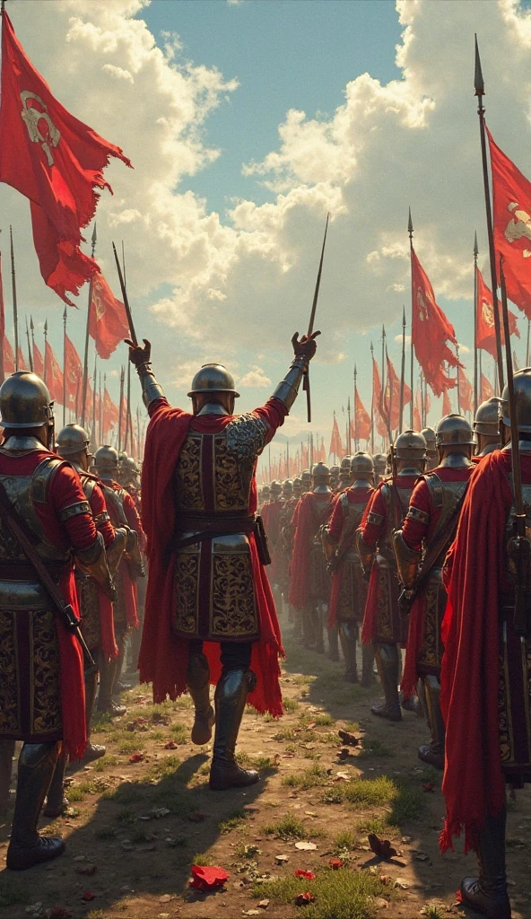 At the height of the Roman Empire's glory, General Julius Caesar stands atop a strategic vantage point overlooking a vast expanse of his mighty army. Dressed in finely crafted armor adorned with the iconic symbols of Rome, he commands attention with a laurel wreath atop his head. The sun sets on the horizon, casting a golden glow on the disciplined ranks of Roman legionaries stretching as far as the eye can see. The clinking of armor and the rhythmic march of soldiers create a symphony of war, while the fluttering of crimson banners emblazoned with the symbol of the eagle adds a touch of imperial grandeur to the scene. Capture the essence of Caesar's leadership, the sheer scale of his formidable military force, and the aura of Roman supremacy that defines this pivotal moment in history.