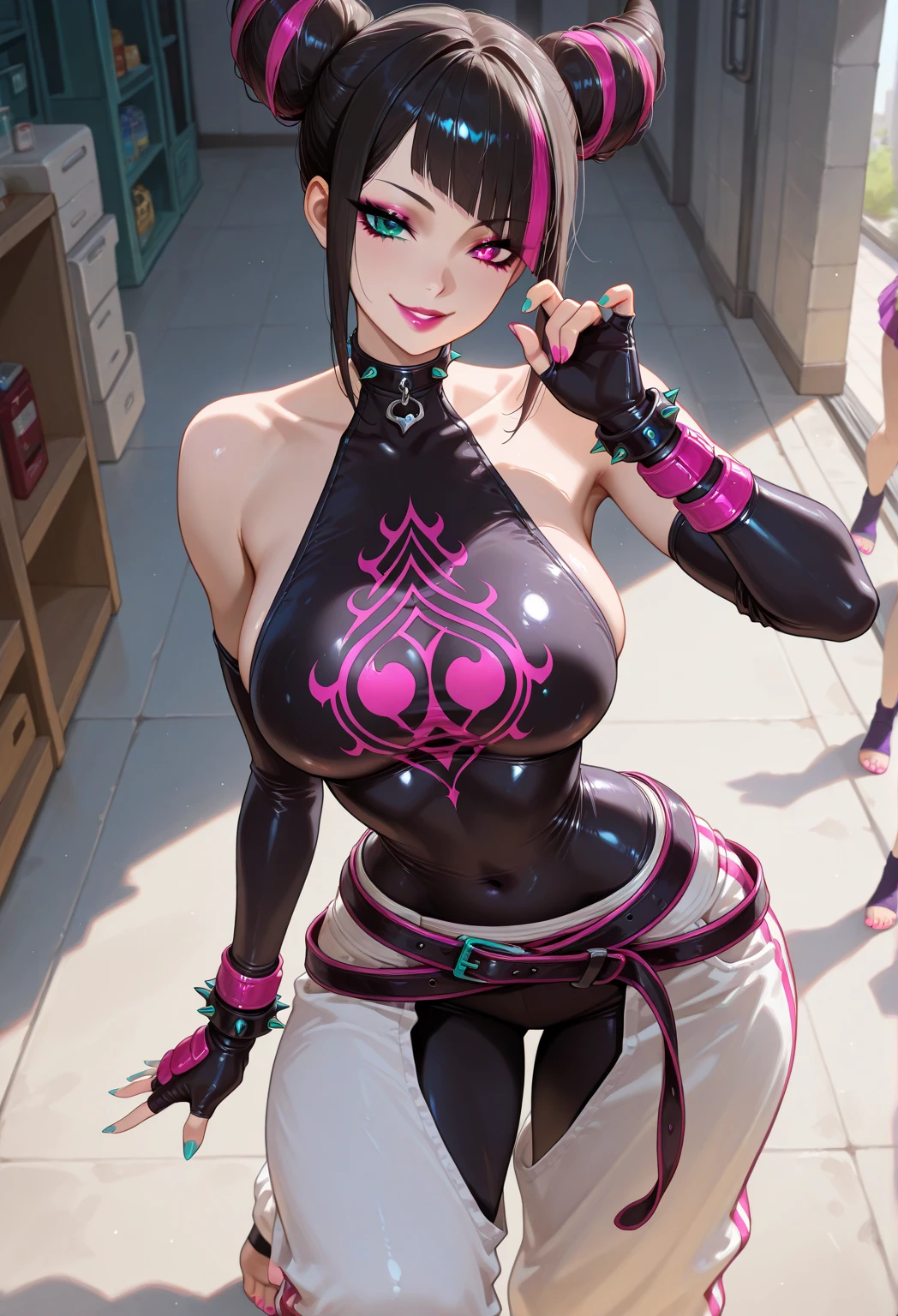 score_9, score_8_up, score_7_up, score_6_up, (24yo girl:1.1), curvy busty fat tall meaty body, strong milf, Kiara_SwimsuitVtwo, yellow eyes, multicolored hair, parted bangs, streaked hair, long hair, high ponytail, forehead mark, BREAK, swimsuit, black bikini, front zipper swimsuit, black pantyhose, torn pantyhose, halterneck, police hat, armband, pantyhose, covered navel, fingerless gloves, black gloves, pink necktie, bare shoulders, collarbone, BREAK, (masterpiece:1.2), best quality, high resolution, (detailed eyes:1.3), perfect lighting, (perfect hands, perfect anatomy), BREAK, hearts, pleasured, large breasts, sagging breast, plump, curvy, 1girl, breasts, solo, alternate breast size, breast rest, bed, thighs, cleavage, indoors, bare shoulders, off shoulder, window, thigh strap, holding box, holding, box, blush, parted lips, carrying, condom box, covered nipples, pillow, long sleeves, lips,