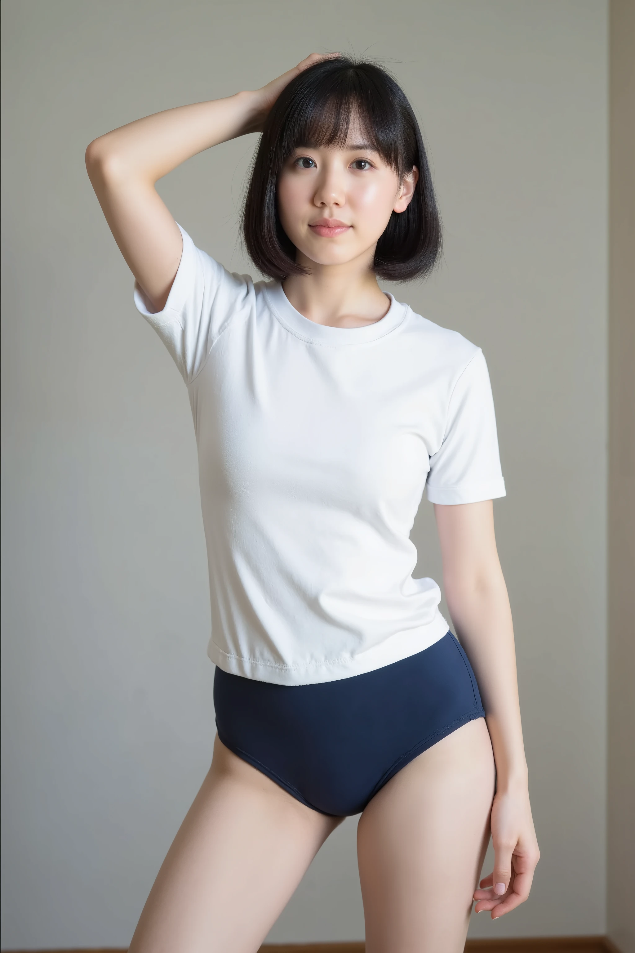 (8k, RAW photos , best quality, masterpiece:1.2), (realistic, photo-realistic:1.4), (Highly Detailed 8K Wallpaper), (((clothes lift:1.5))), upper body naked, Only the upper body is nude, ((huge breasts:1.5), ((pointy breasts)), completely nude, beautiful Japanese woman from under her feet, short hair, black hair, standing, school gymnasium dark blue buruma, school gymnasium, dark blue bloomer for exercise, ( white school t-shirt ), (school gymnasium uniform), camel toe,
