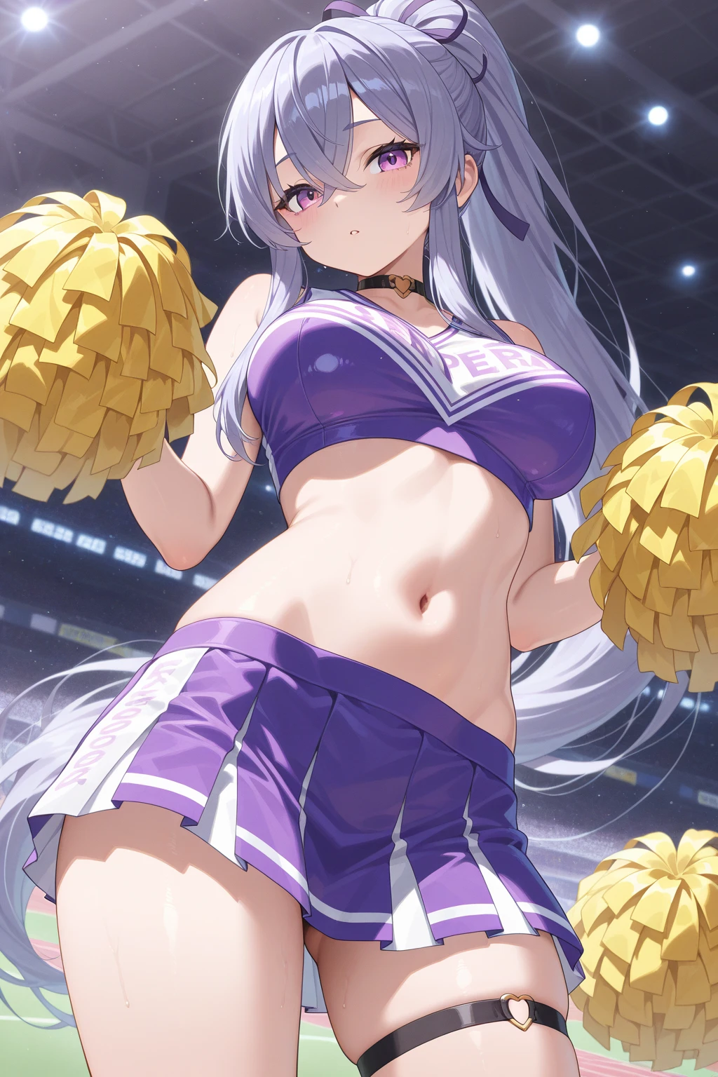 NSFW,masterpiece,Highest quality,High resolution,Very detailed,white\(no game No life\),Small breasts,ponytail,(Cheerleader),Tank top,Crop top,mini skirt,Knee-high socks,sports boots,Arena,Audience seats,Frustrated face,blush,Sweat,sexual excitement,(??????? face),(Squirting),(orgasm),Trembling