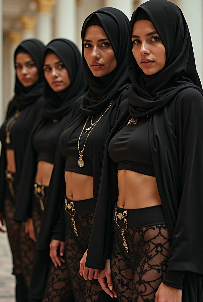 ((best quality)), ((Masterpiece)), (details), (7 girls), large group of arab young woman lined up in tight dressed in black bra lace panties, (((hijabi))) fearful face, body curves, Full Body, hotel room, side view angle camera,
