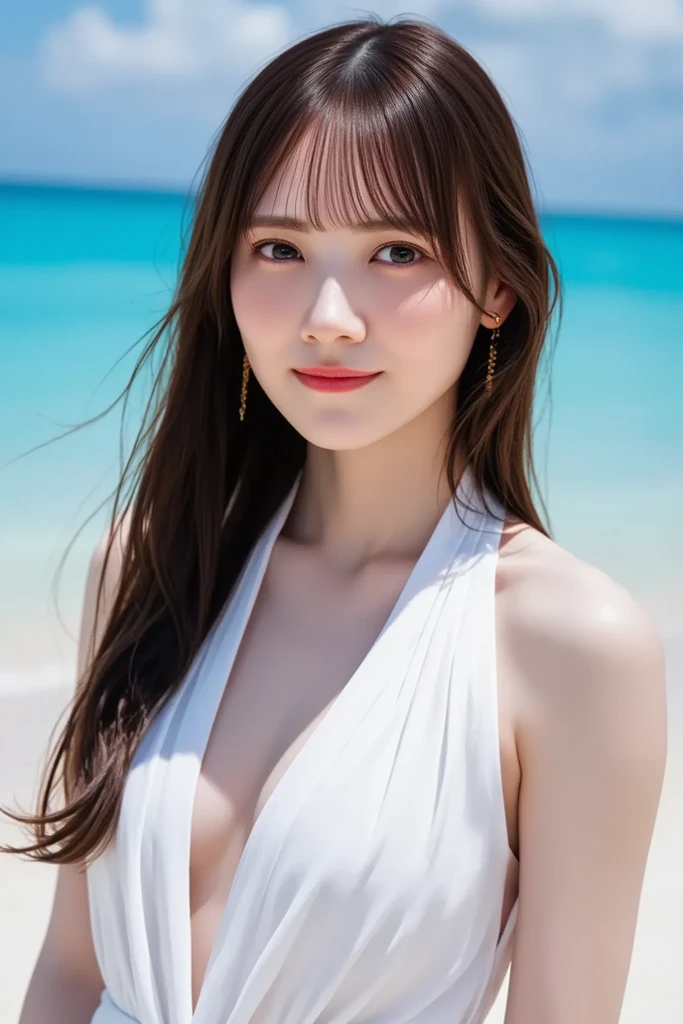 (Best Quality, 8K, masterpiece:1.3), big breasts, (sex), medium hair, perspiring,Shiny skin, seductiv, dark elf, white 2piece Swimsuit, Brown Hair, beautiful face, Fine eyes, Half American, Half Japanese, beautiful sky, big wave, View Viewer,