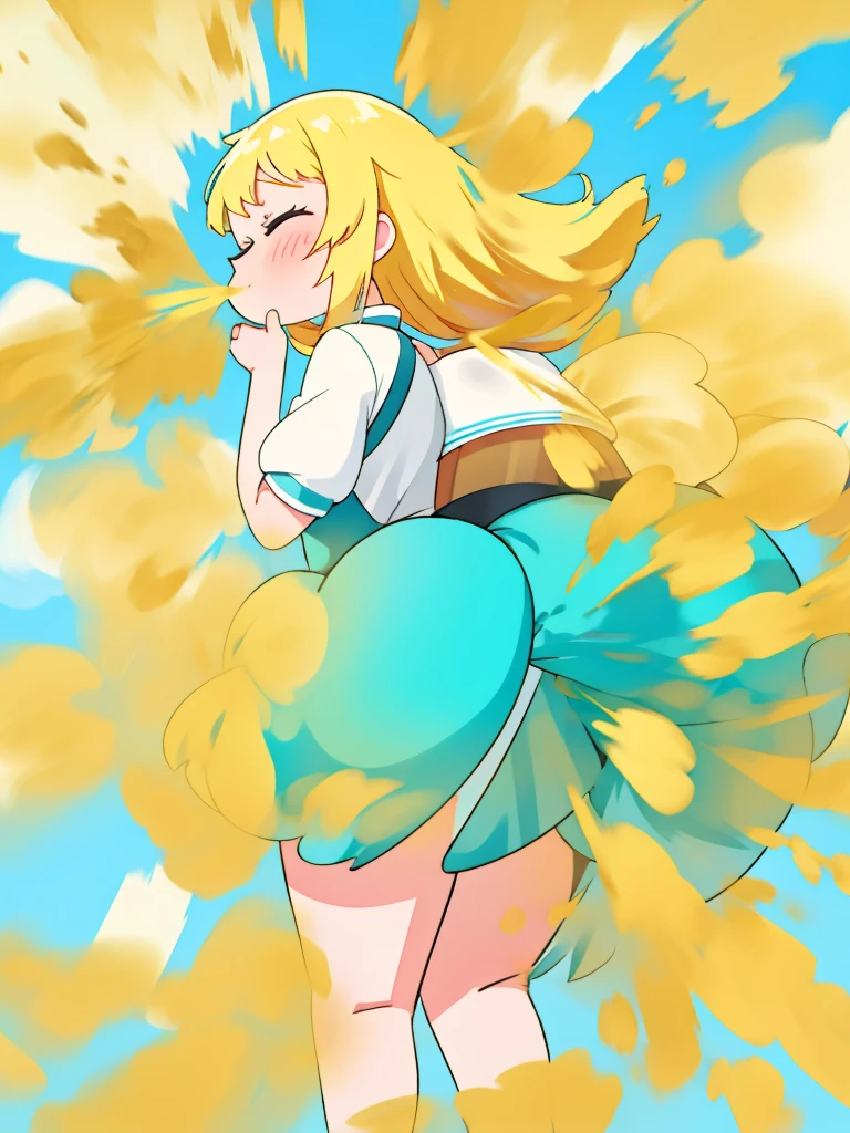 1 girl、fart、shyness、smile、blue sky、