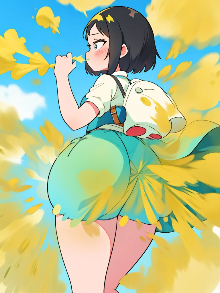 1 girl, Little girl, long hair, Black hair, blue eyes, (((white dress))), (Sleeveless dress), (Short dress), blue white panties, (((horizontal striped panties))), massive ass, Turn around and look back, Smile, joy, smiling face, fart, onara, fart, farting, big fart, Fart from the ass, Yellow smoke, Yellow smoke is rising, Green fields, Sunny weather