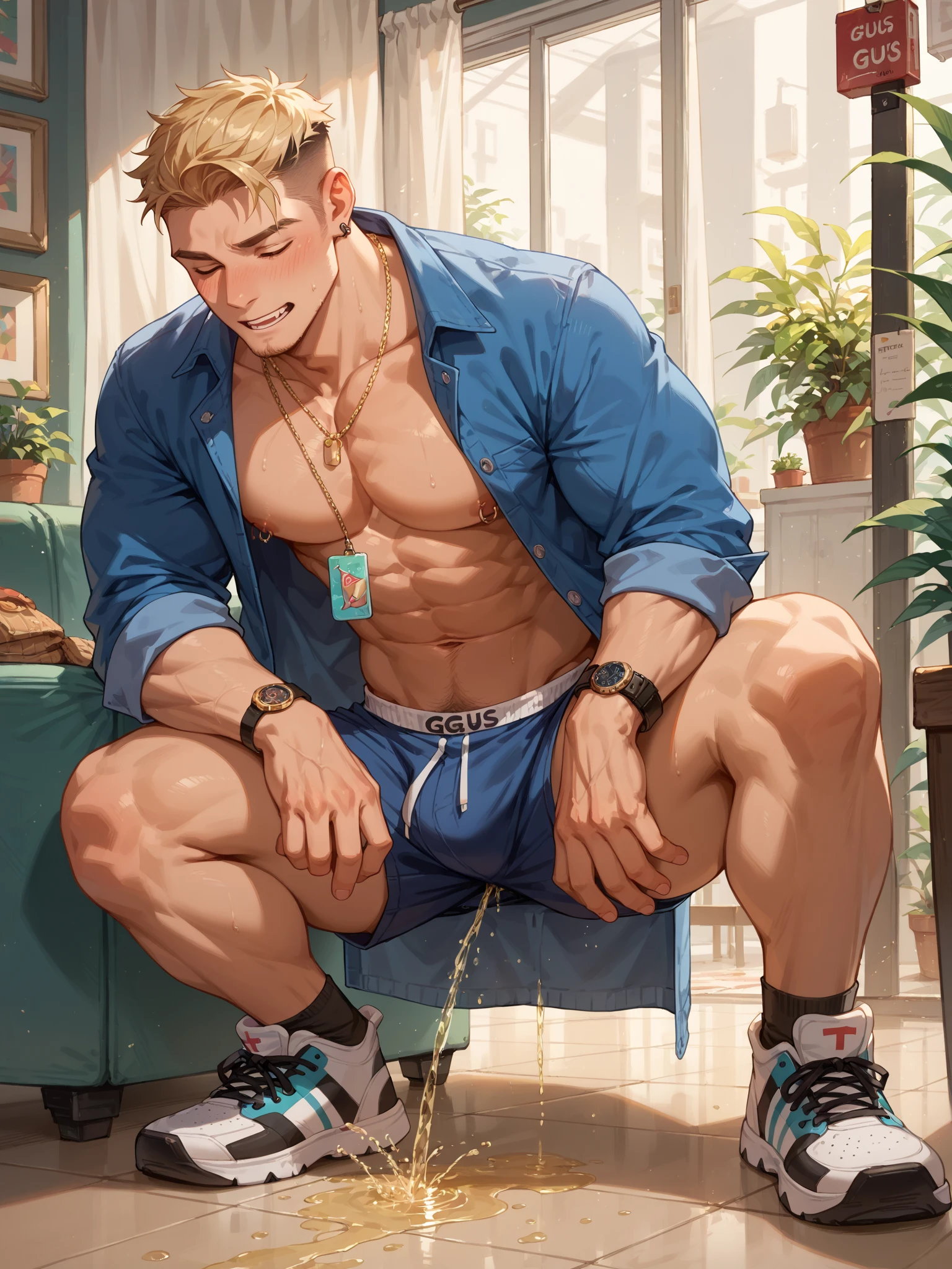 (1 male, short hair flat head), solo, delicate muscle lines, solo, blue football socks, chest bulge, naked, facing the lens, light particles, light and shadow, rainforest, liquid on the face, realistic hands, (blue briefs), full body portrait, perfect quality, masterpiece, foot sock focus, looking up, feet up, feet up, looking up, no pupils, drooling, messy_hair, open mouth, (expressionless), open mouth, blushing, drooling, sticking out tongue, lewd expression