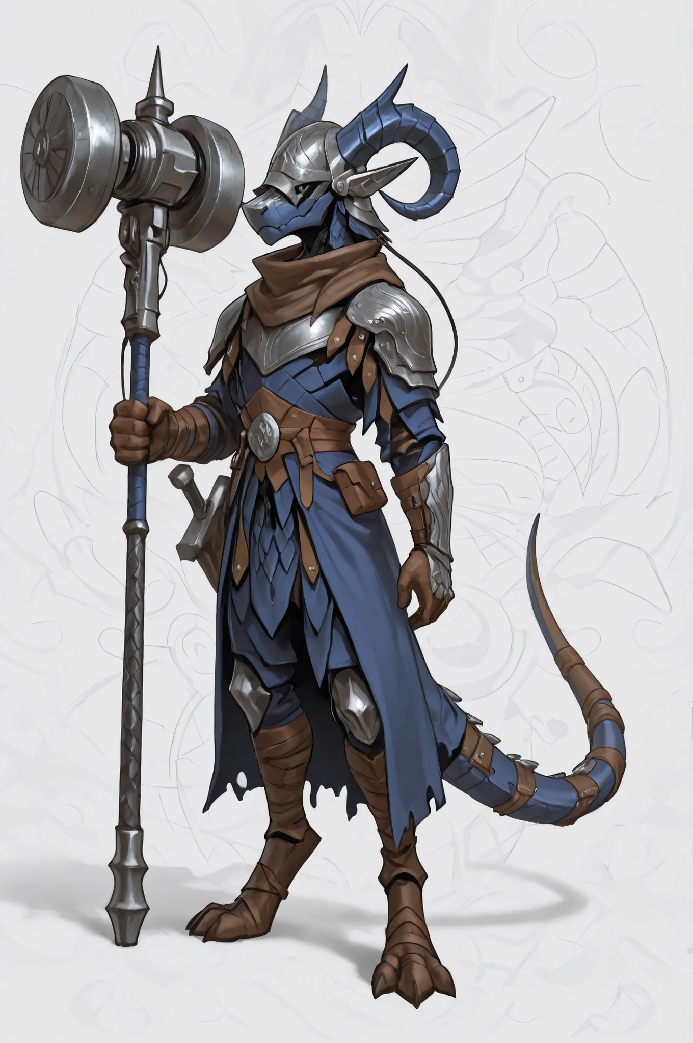 reelmech, mechanical parts, cable, wires, machinery, joints, body suit, wld, winged helmet, helm, pauldrons, shoulder armor, armor, full armor, cape, gauntlets, brown belt,pointed ears, long draconic snout, lean physique, kobold, blue scales, great gray horns, highly detailed, best quality, holding great iron hammer