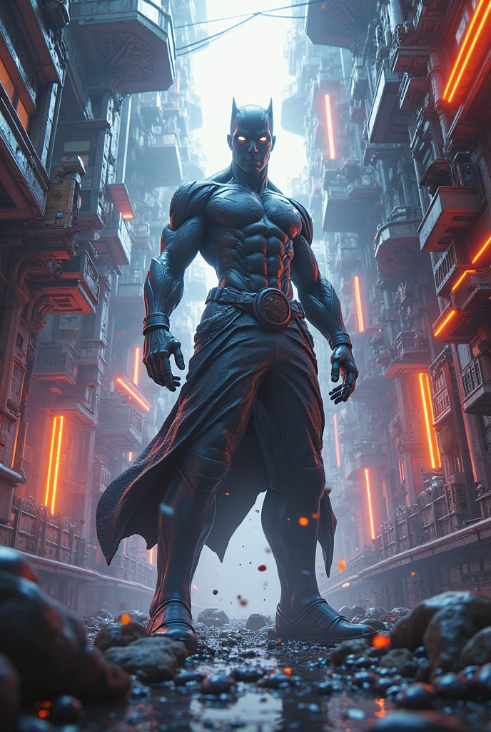 He is 1.80 meters tall, with medium-length, spiky black hair slicked back. He has dark skin with a bluish tone and yellow eyes. He carries an immense sense of superiority over others, demanding that everyone kneel before him. He wears black pants with boots. i dont want him to wear anything in his upper part of his body