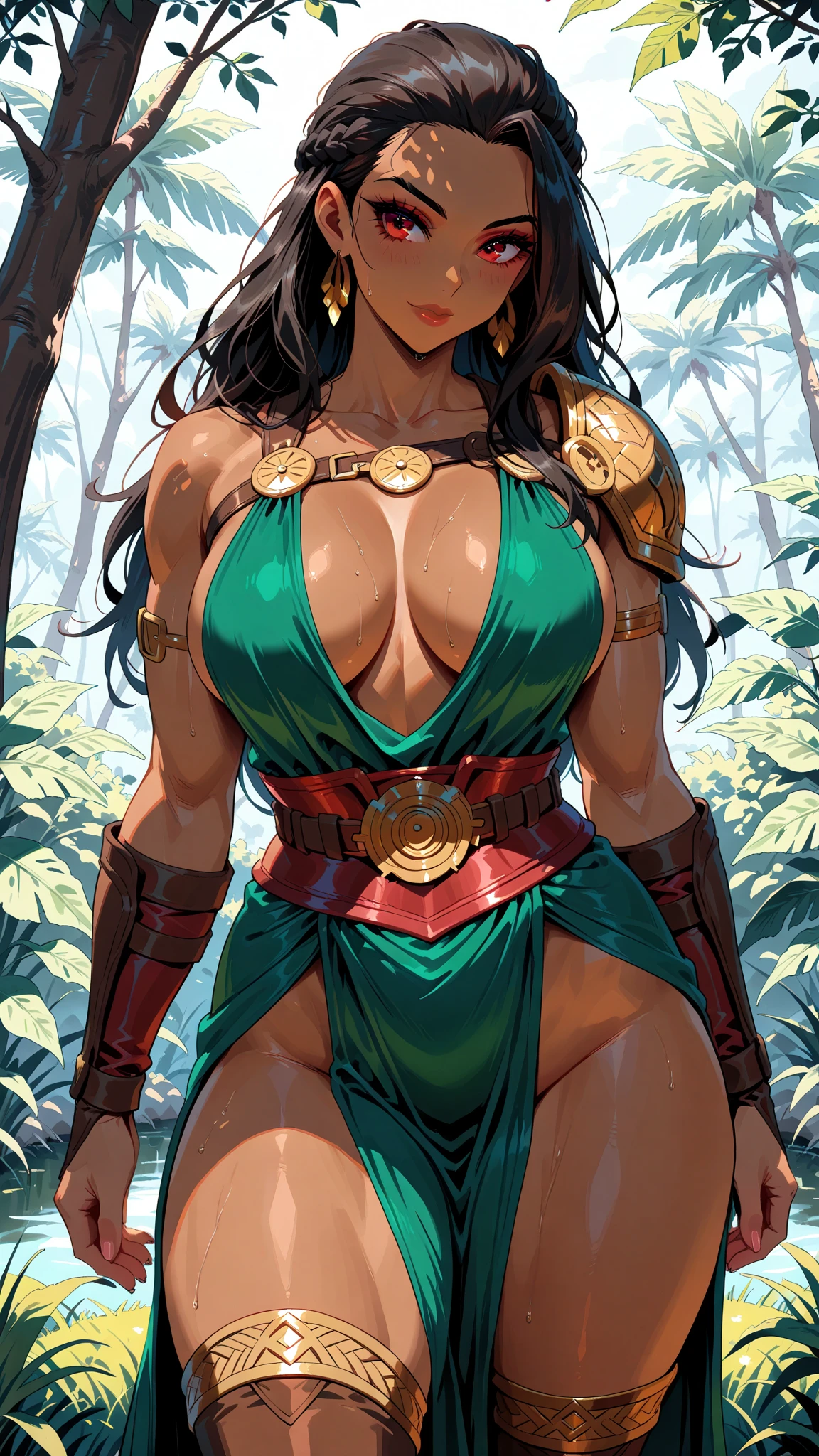 (dark brown skin:1.3), (most beautiful woman:1.4), beautiful detalied face, busty milf, hig res face, girl indian from ancient Egypt,monster girl, remember the hindu gods, intricate eyes, beautiful detailed eyes, symmetrical eyes, from ancient Egypt, 1girl, (large breasts:1.4), saggy breasts, twin braids, tight braids, long braid, braided hair, long hime cut, eyeeautiful detailed eyes, lustrous skin, tanned skin, glossy skin, wet skin, sweating, shiny skin, shiny body, delicate detailed fingers, Wild Xavante India, extreme tanned skin, full body image, extreme long black straight hair messes over naked , huge macaw blue parrot feather headdress, long legs, curvy, indigenous yellow and green breast painting, breast painted blue and yellow, indigenous yellow and green facial painting, Long hair, Gradient, Gradient background, full body image centered around the buxom young miller's exceptionally attractive with big breast and reavling exposed cleavage with wide hips and narrow waist and exuding an alluring and voluptuous physique that radiates warmth and sensuality, gisele bundchen, cheerfull and happy expression on her face, hyper-realistic photography portrait, beautiful lips,detailed large eyes, Her eyes are a striking and inviting feature, realistic body details scar and fracture, extreme abnormally huge , erotic fantasy, tranquil flower princess with soft hair dancing in the wind and intricately braided. Her sweet face has puffy, kissable lips and stunning, highly realistic eyes, hires eyes, 8k eyes, beautiful detail eyes, realistically shaded eyes, dazzling big eyes and realistic eyes in vibrant colors. She is wearing delicately detailed colourful fabric of gossamer silk and satin, midst of the most beautiful meadow in the world and is surrounded by beautiful flowers of varying sizes and colors, with delicate flowers dancing in the wind and creating a dynamic and compelling image