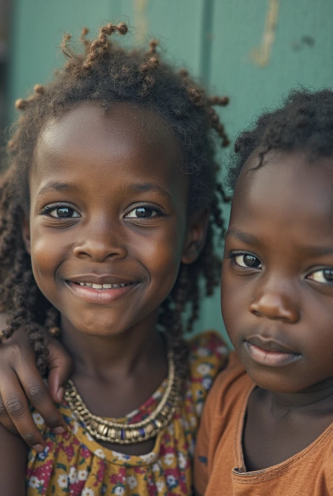African children, twin, Erê de umbanda, very curly and low hair, African child, a male with a cap dressed in blue and green colors with simple clothes and a female dressed in red, orange and pink with simple clothes, cute kids,