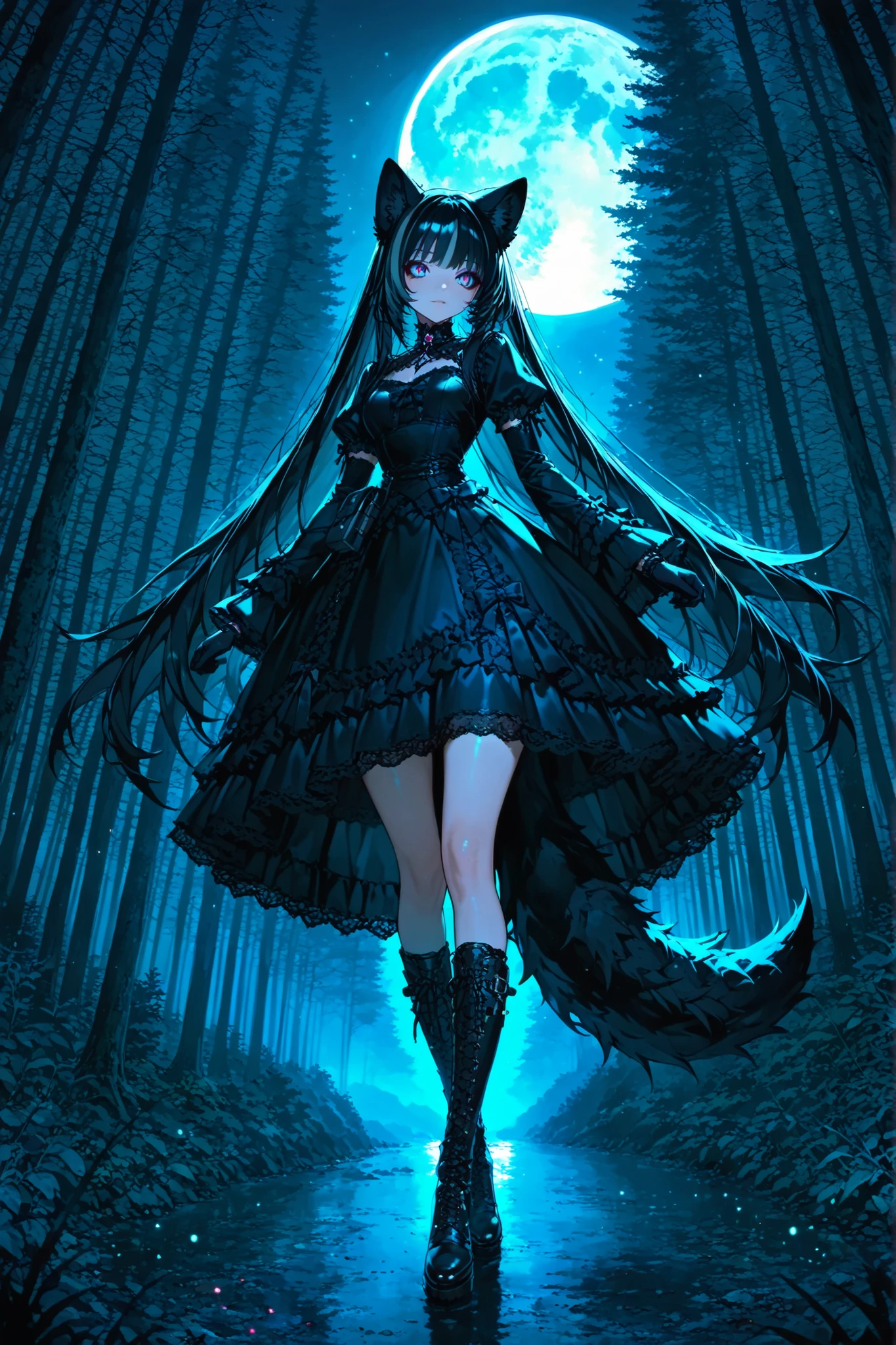 perfect quality, artistic, I was particular about every detail, Wolf Girl, Onyx Hair, Long Eyes, Beast Ears and Tails, cool expression, black gothic dress, Lace Up Boots, gloves, Full Moon Night, Dusky Forest, Light Shines Through the Trees, Magical Particles, Fantastic Atmosphere