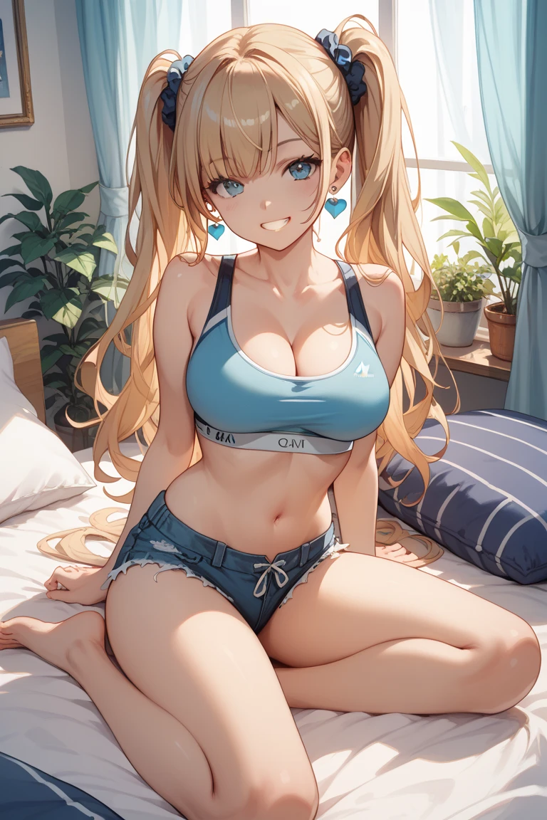 Beautiful blonde girl with long wavy hair very sexy and very, very big , huge and only in a tiny bra, taking off her bra and wearing a thong, cowboy shot medium ca. Luxury room background, a boy is fucking her tits from behind, blush