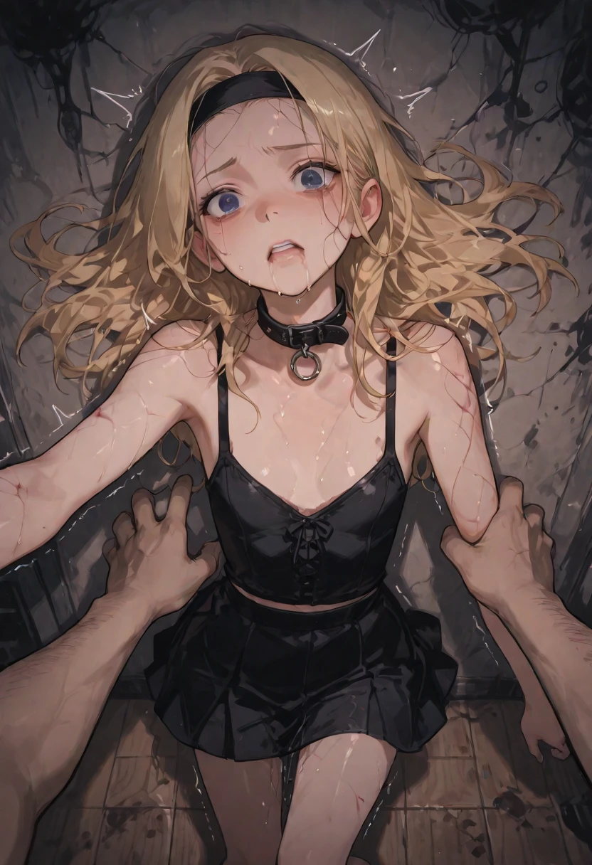 masterpiece, absurdres, 1girl, Lucy heartfilia, length hair, floating hair, blonde hair, large breasts, breasts out,Bound, Bondage, (arms behind back:1.4), BDSM, tape, TAPE BONDAGE, close-up, srestrained, best anatomy, Curled up, embarrassed face, shout, closed eyes, screaming, Upper body, blushing face, humiliation, desperate, (pov side view), (men touching her ), touching hair, pov hand pulling hair