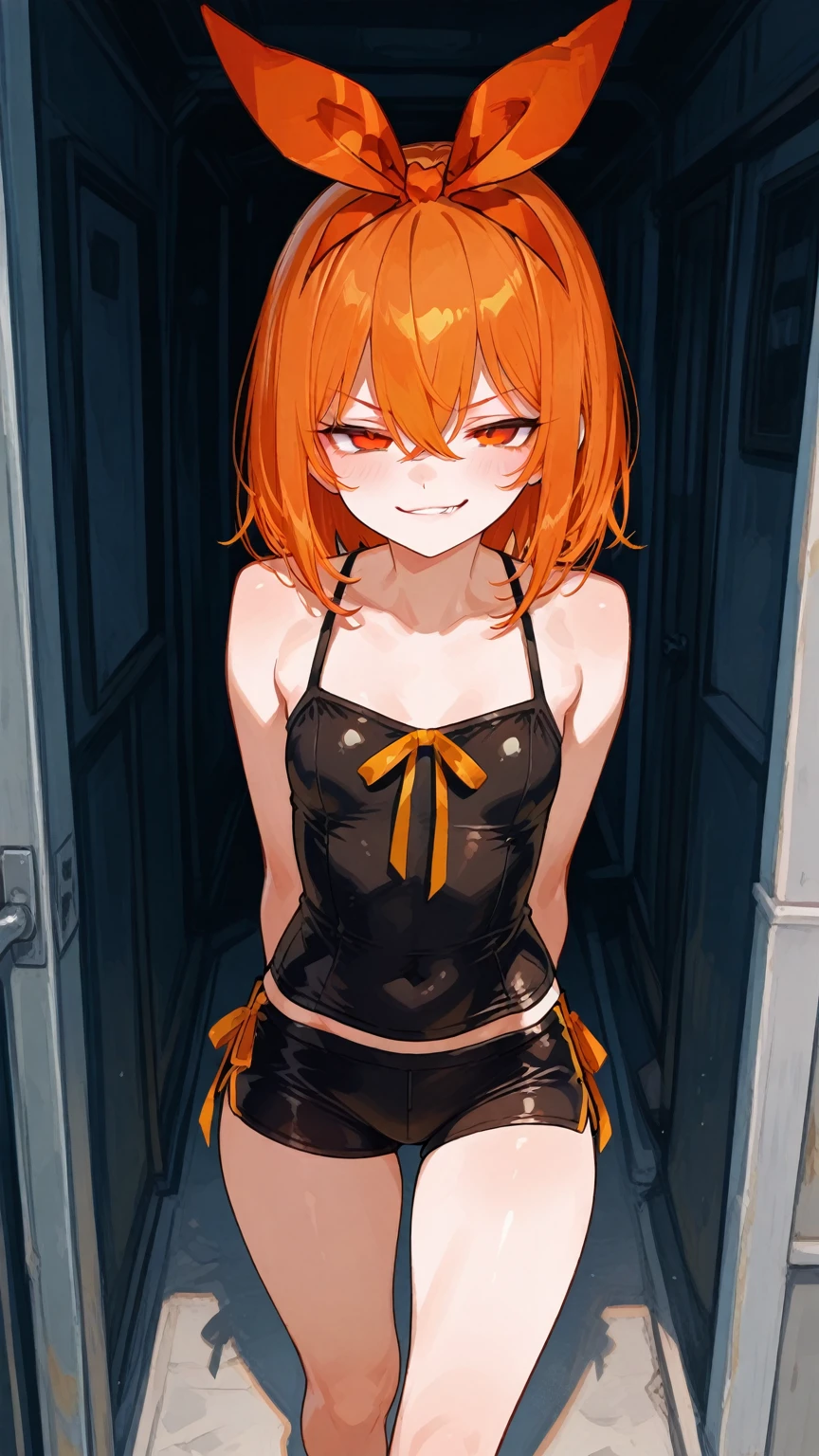 (Masterpiece), Best Quality , ultra-detailed, 1girl (Gwendolyn_Tennyson, breasts, orange hair, short hair, slicked-back hair, red eyes, half-closed eyes), a evil face, wicked smile,  solo, facing viewer, looking at viewer, black latex bodysuits, undress, nipples, bare  shoulders, in the  room, night time,  standing, Sexy waist teasing, a provocative pose , undressing , from_below 