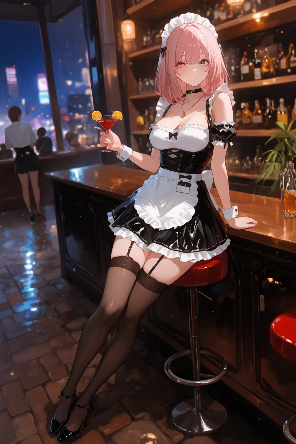 masterpiece, best quality, ultra-detailed, extremely detailed,illustration, from behind, ass, 1girl, solo, honokabkn, playboy bunny, rabbit tail, wrist cuffs, white gloves, pantyhose, large breasts, thick thighs, red eyes, blush, parted lips, looking at viewer, looking back, holding tray, casino, indoors, cowboy shot, <lora:DOAHonokaBikini0826:0.7>