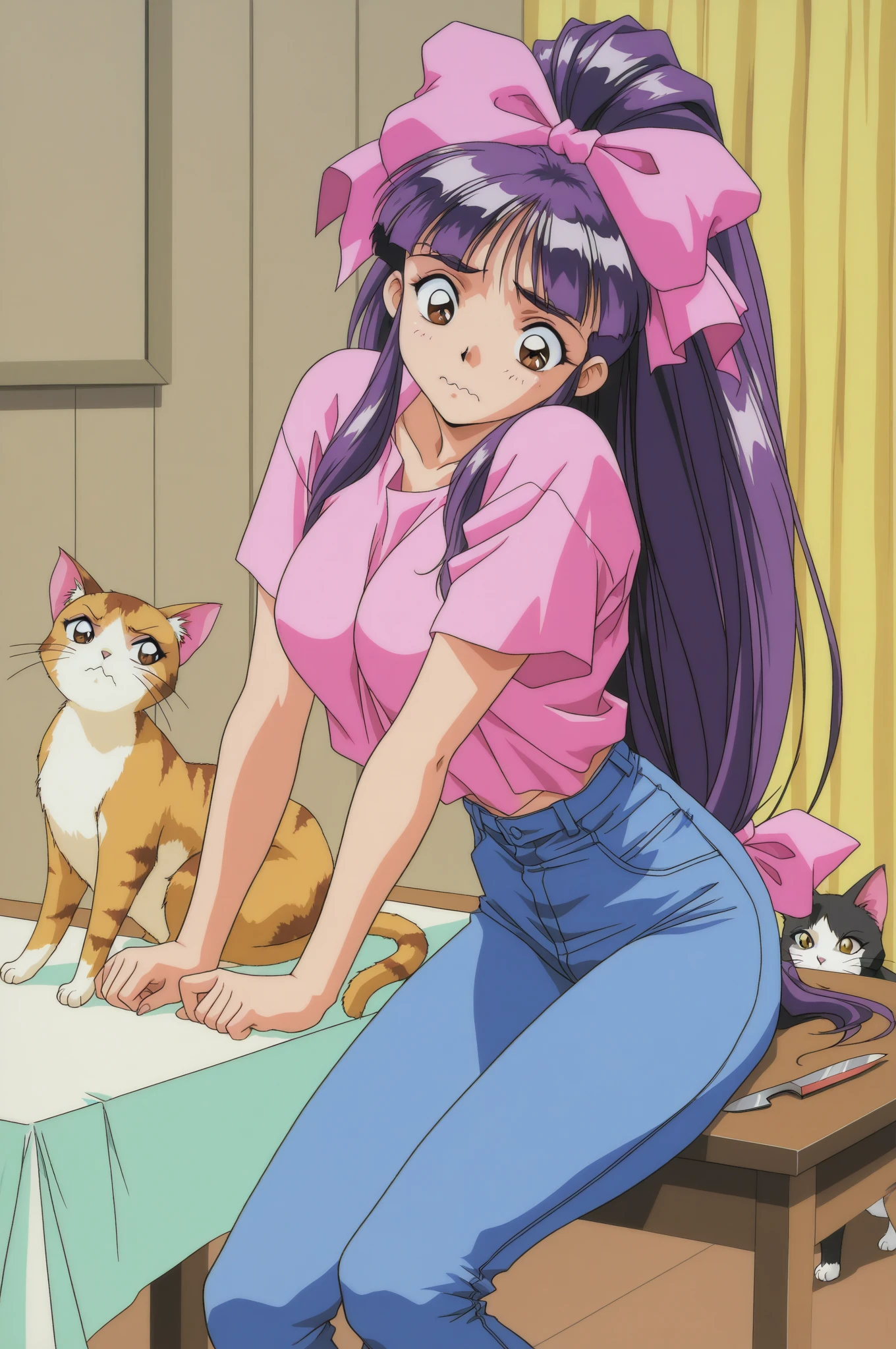 score_9, score_8_up, score_7_up, score_6_up, source_anime,
BREAK
indoors, shop,food,bent over,reaching out,lots of shopping bag, detailed background, retro artstyle,
BREAK
1girl, solo, ranma-chan, looking at viewer,
fox ears, animal ear fluff, black hair, braid, single braid, braided ponytail, sad, open mouth, teeth, parted lips, black eyes,
short fox tail,
red shirt, short sleeves, jeans, leaning forward,
sitting, spread legs,
BREAK
chinese clothes, <lora:Takahashi Rumiko_XL:0.8>, <lora:Worldly_XL:1>