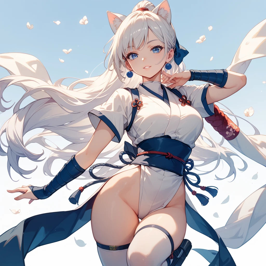 Moisturized Skin, (blue eyes), Realistic body, (Adult female body), Energetic,3DCG, front, Low - Angle,Pink lipstick, (Beautiful belly button), (Silver Hair), ((Cat ear)), Beautiful Hair, (Hatake Kakashi's clothes: 1.3), ((masterpiece + Highest quality + High resolution + Very detailed)), (whole body: 1.2), Jump down and land, A Japanese sword slung diagonally across his back,