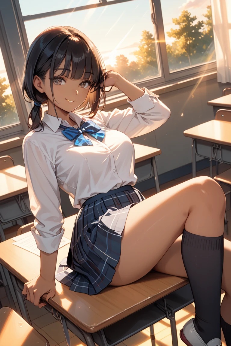(table top: 1.3), (maximum resolution: 1.2), (Ultra HDTV: 1.2), cinematic light, Ultra HDTV, (fine eyes and skin), (detailed facial features), nffsw, 8K resolution, sharp focus: 1.2, perfect style, beautiful face, acura, anatomically correct, Highly detailed face and skin texture, fine eyes, brown eyes, double eyelid, thin eyebrows, glitter eyeliner: 1.2, natural cheeks, Glossy skin, Fair skin: 1.2, small shiny necklace and earrings, (glossy lips: 1.4),
break
一人称視点, in a high school uniform, (embarrassing:1.2), (blush:1.2), innocent and cute girl, (high ponytail, wavy hair, light brown hair, bangs flowing diagonally), medium long hair,
break
(full body shot: 1.2), (from below:1.3), (focus on legs), ((very close relationship: 1.2)), (medium to large breasts:1.1), ((Sit on a school chair with your legs closed)), ((Pose with a little panties and skirt slightly raised:1.2)),
(((In the classroom: 1.2)), (look up at the audience:1.2)), ((Background of many other students:1.4)),sexy