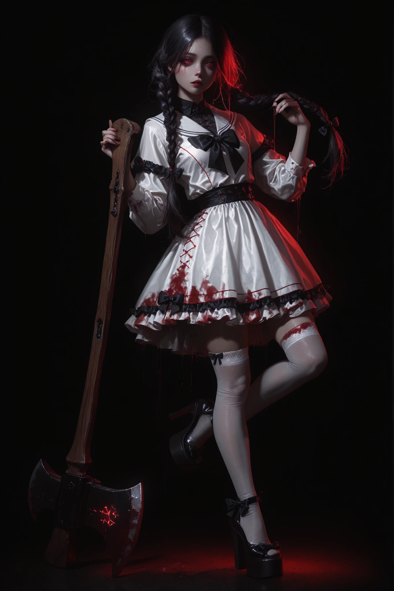 Full body shown. A zombie 11 years old, in a maid outfit,daughter of severus snape extremely detailed black eyes and face, long black hair, beautiful detailed lips, longeyelashes, detailed zombie skin texture, maid outfit with lace and ribbons, Halloween night, horror, dark and moody atmosphere, dramatic lighting, pale skin, sunken eyes, sharp teeth, dripping blood, brain, (best quality,4k,8k,highres,masterpiece:1.2),ultra-detailed,(realistic,photorealistic,photo-realistic:1.37),dark colors,deep shadows,cinematic,dramatic. Full body shon, show her from head to toe