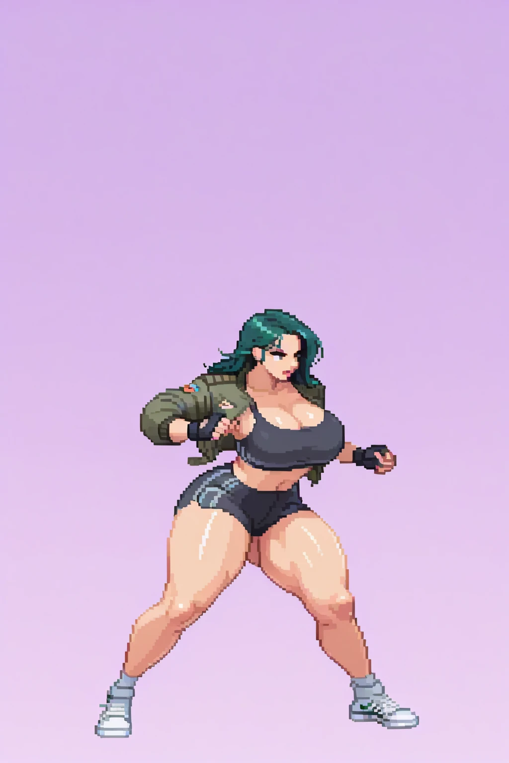 ((standing by wooden pole:1.2)) ((pixel art))((1 girl)) whole body, standing, gray skin, drow, elf, maduro, purple eyes, by white, black bikini, ABS, Large knockers, tattered rags, chain collar, stomach tattoo (red tattoo)
