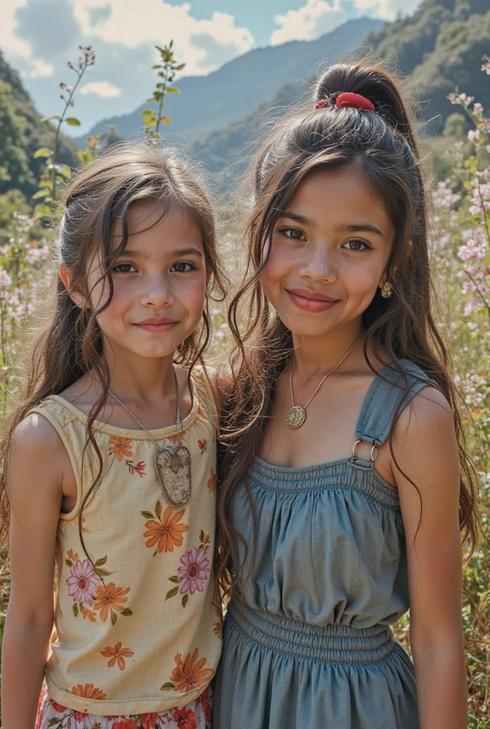 two girls, one 8 years old and the other 7 years old, hugging in a park, kissing on the cheek, baby face, she are happy, wearing ballet clothes, long hair, 8K, maximum perfection possible, similarity with reality, natural photo, wearing tiara