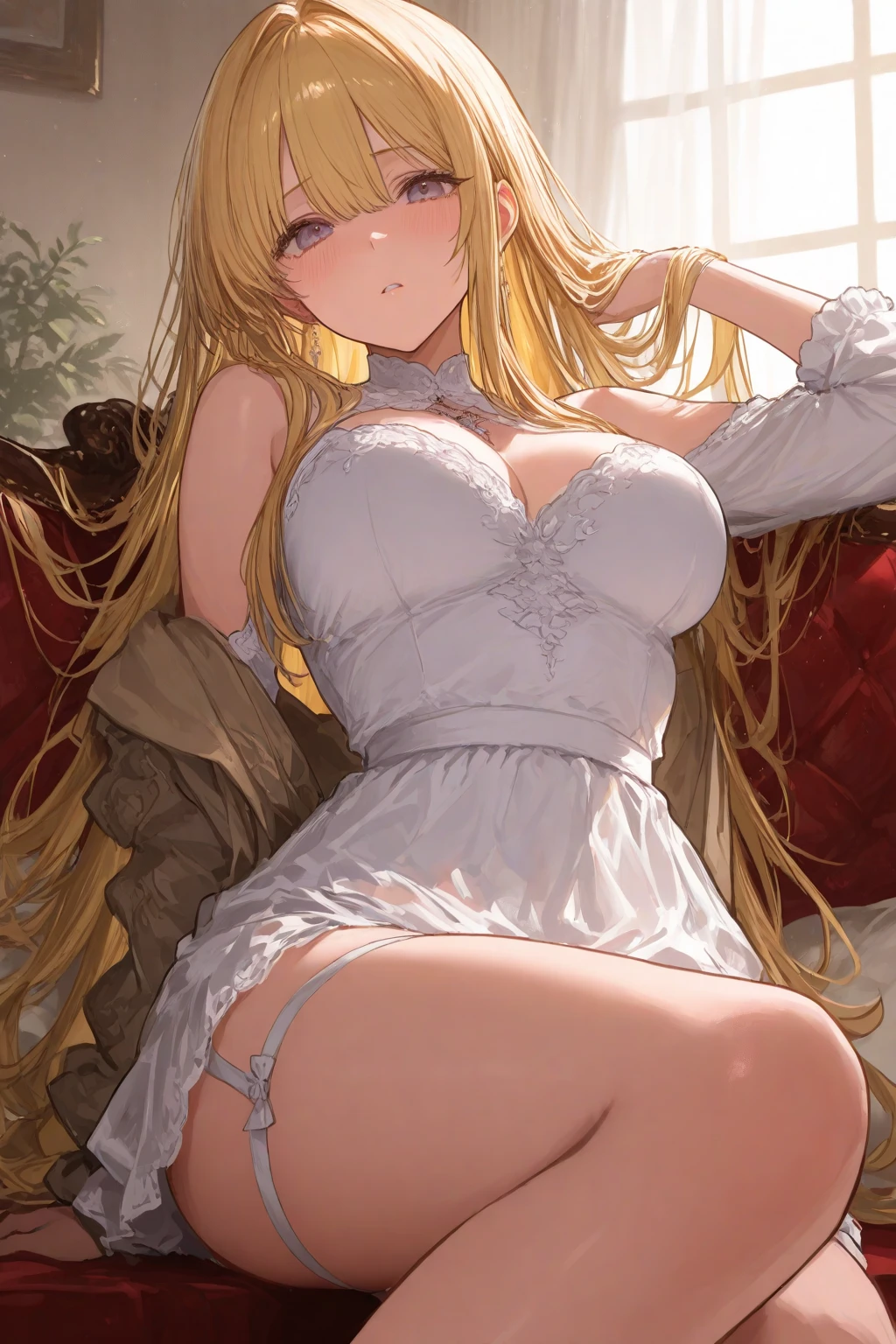 (A woman with big tits),Attractive woman,Light blond long hair,clavicle,Gemstone Necklace,Off-shoulder,Rococo,short dress,Lace,Garter stockings,Heart,Intricate details,Beautifully,Charm,Lying in bed,(blush),Sleepy,Sleepy and hazy,