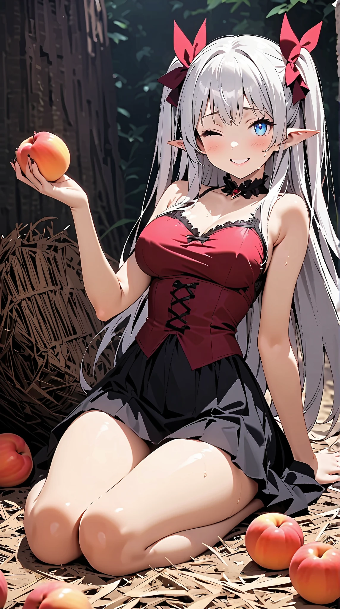 best quality, masterpiece, highres, solo, {mudrock_arknights:0.90}, 1girl, apple, bare_shoulders, bikini, black_bikini, cowboy_shot, flower, food, fruit, hair_flower, holding, holding_food, holding_fruit, looking_at_viewer, navel, official_alternate_costume, oripathy_lesion_(arknights), parted_lips, stomach, swimsuit, cleavage, jewelry, necklace, yellow_flower, choker, hand_up, infection_monitor_(arknights), standing, simple_background, underboob, white_background