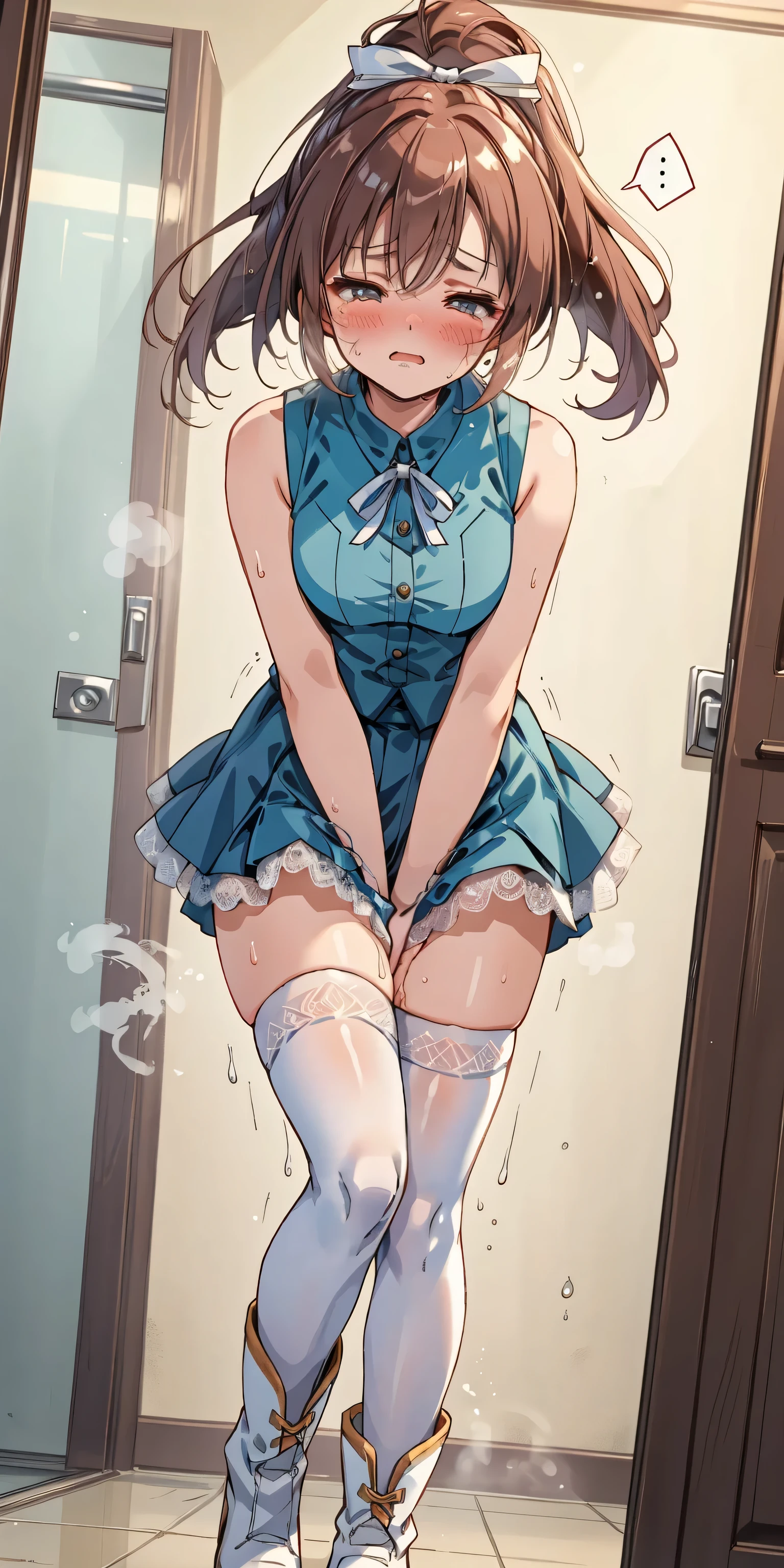 (1 woman, have to pee, peeing herself, peeing, peeing self, crying, very desperate to pee), (have to pee, have to pee, peeing, peeing self, peeing, peeing self:1.1), (casual dress, booties, have to pee, covering crotch strongly, knees together and feet apart:1.5), (hand between legs, leaning forward:1.2), (shaded face, despairing, anxiety, breathlessly, full face blush, embarrassed, looking away:1.5), (girl can't stand up straight:1.8), (full body:1.5), (public restroom, toilet wanting queue),