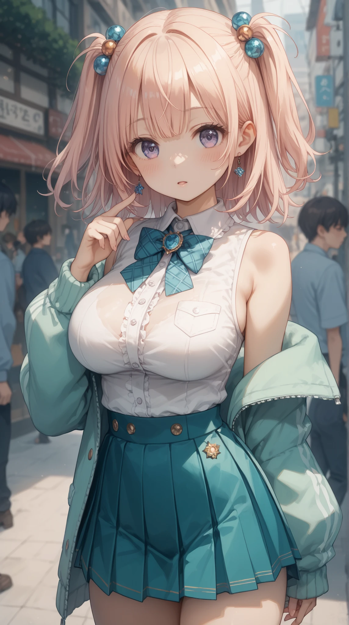 (masterpiece, Highest Quality, best quality)、photoreality、Ultra High Definition、girls, idol costume、Pleated Skirt、slim hip、thin tights, winter、high resolution, Super Detailed、(Blush、Staring fascinatingly )、(、 cleft)、((short two side up hairstyle))、(perfect )