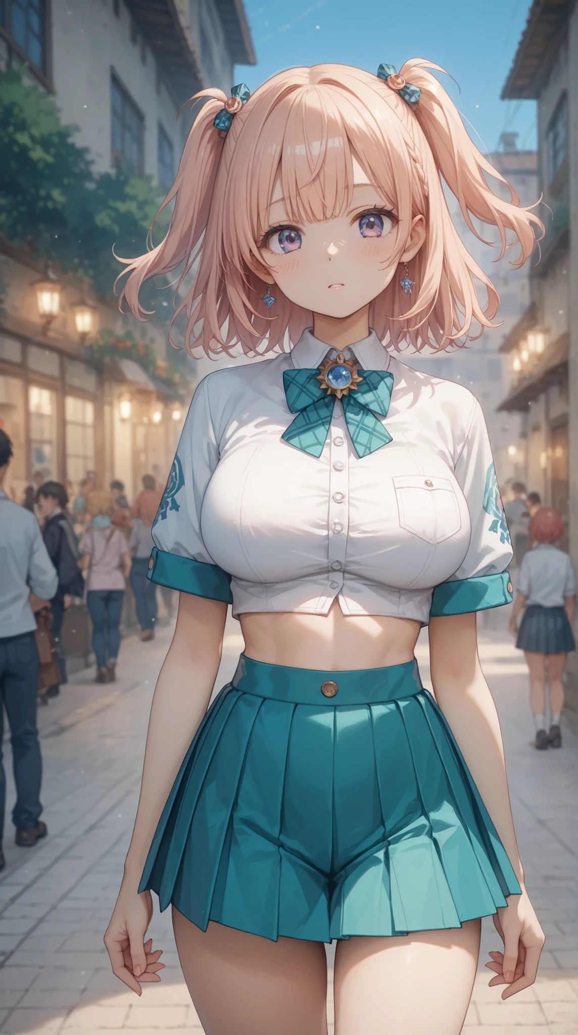 (masterpiece, Highest Quality, best quality)、photoreality、Ultra High Definition、girls, idol costume、Pleated Skirt、slim hip、thin tights, winter、high resolution, Super Detailed、(Blush、Staring fascinatingly )、(、 cleft)、((short two side up hairstyle))、(perfect )