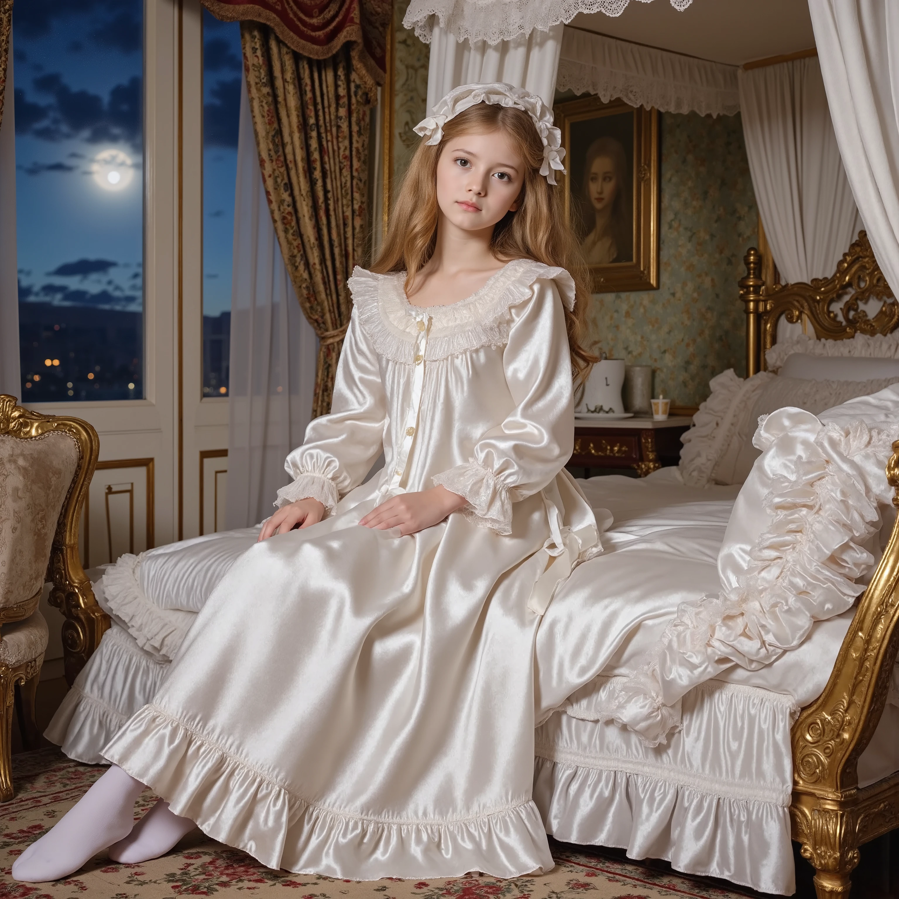,realistic photo,highest quality, masterpiece, highest resolution, artwork, super get used to it, many become familiar with, become familiar with, get used to it,change,,little girl, before bedtime,((ten years old,little girl, european girl:2.0)),,((blonde longhair:1.0)),(((white silk satin nightgown with lot of frills and ribbons,1920 style victorian nightgowns:1.2))),((frilled Nightcap with ribbon)),((detailed Yoke collar with ruffles and ribbons,detailed ruffed placket:1.0)),((Long sleeves,puff sleeves with ribbons,frilled sleeves)),((frilled Long skirt up to the ankle:1.0)),((The whole body is reflected)),(inside the palace),(in the rococo style luxurious bedroom at night),Detailed Night view and moon in the window,Before bedtime,White ruffled socks,luxurious canopy bed behind,ultra detailed background,