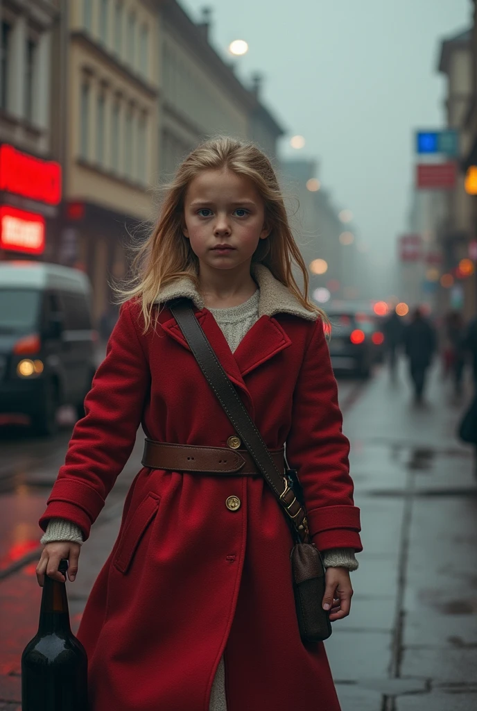 Girl child 10 years old, Russian blondie in braids, com roupa de jaqueta de couro vermelha, fundo storm, ride into the storm, thunderbolt red.