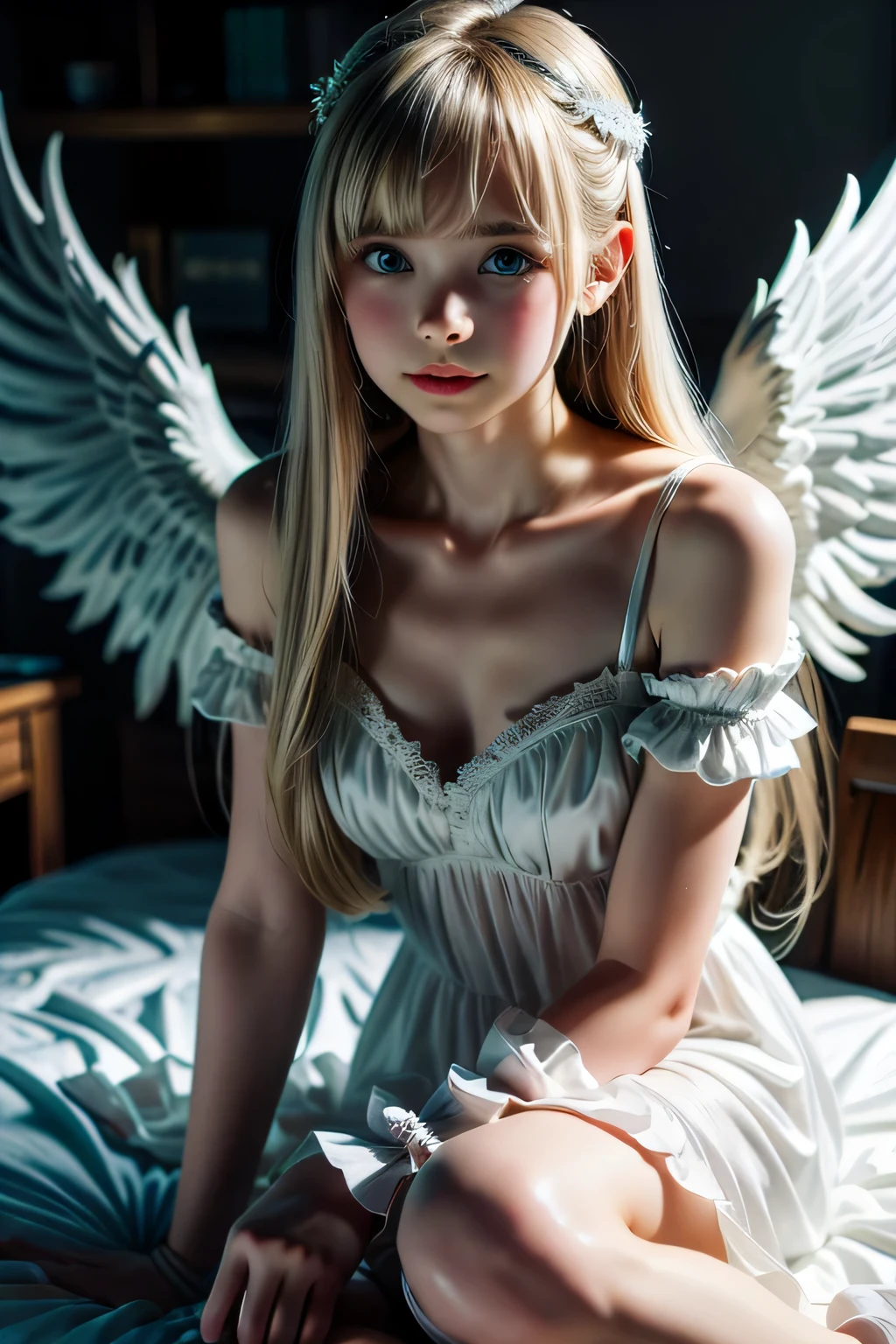 Ultra-detailed complex 3D rendering of the face, (Colossal: 8.8), (masterpiece, top quality, octane rendering, 8K), glamour shot full body image, cleavage, (highly detailed skin: 1.2), (exposure: 1.1), (blonde), (wearing a plummet tank top of gold silk: 1.5)), blonde hair, beautiful Caucasian woman with full soft breasts and white skin, one with big ass, long braided hair, big breasts, dynamic angle, mystical expression, ultra-realistic photography, (((((portrait))), bare feet, futuristic city background, facial muscles, detailed and beautiful queen tiara, in the style of Marvel Comics, clear focus, studio photography, intricate details, highly detailed, detailed yellow eyes, sharp focus, digital rendering, professional, abs, ((((sexy pose))), natural jungle, open mouth lightly, mansle, open crotch, seductive look, angel ring, detailed angel wings, angel ring, detailed mouth inside,