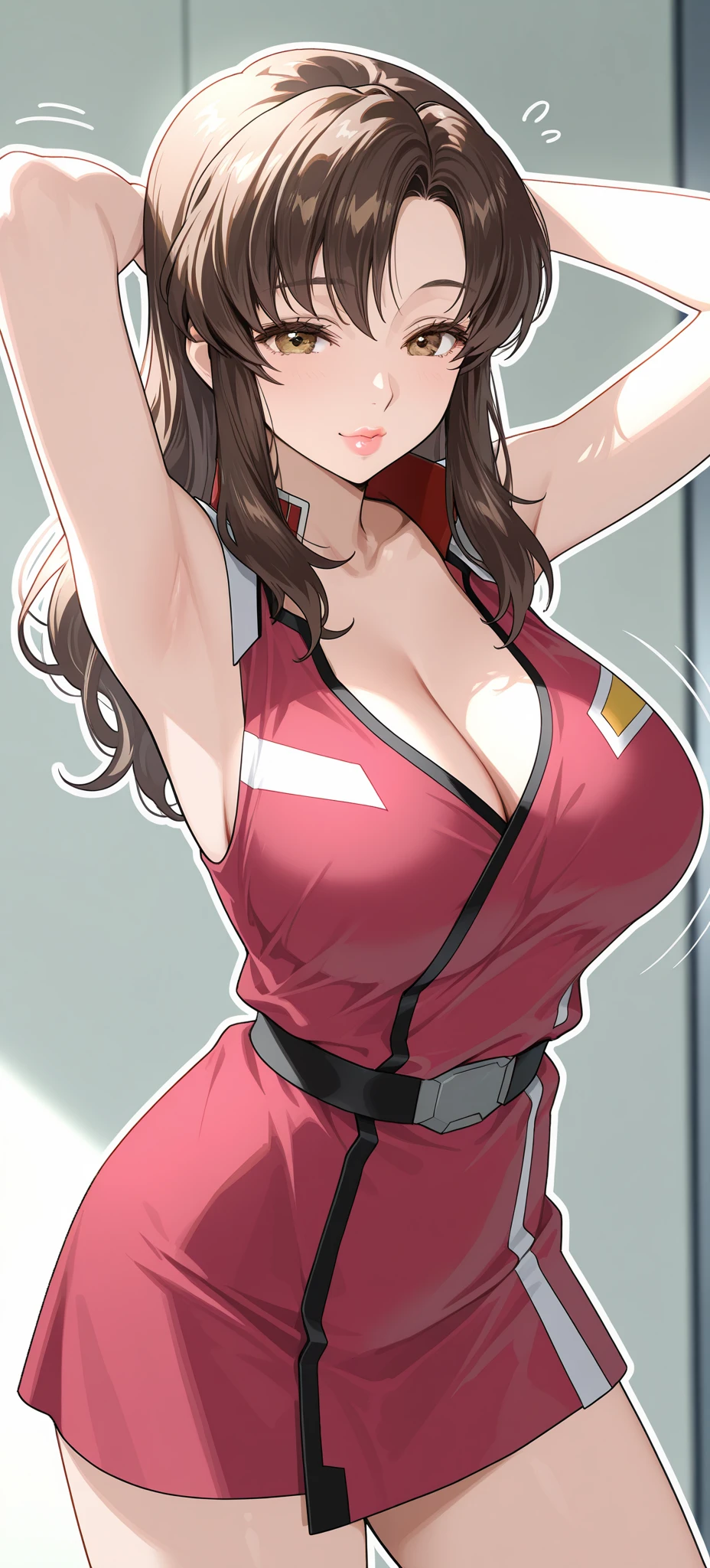 18 year old girl，baby face，dark red hair，Ponytail hairstyle，Zhangzui smile，Huge breasts，Cleavage，Transparent red sleeveless top，Leave space in the middle to reveal Cleavage，Soaked all over，blush，Red eyes，female spy，red miniskirt，White gloves，White hand sleeves，White boots，Science fiction，future，Inside the robot warehouse，robot driver，He has a pistol hanging from his waist，lipstick，Nipple showing，Metal belt around waist