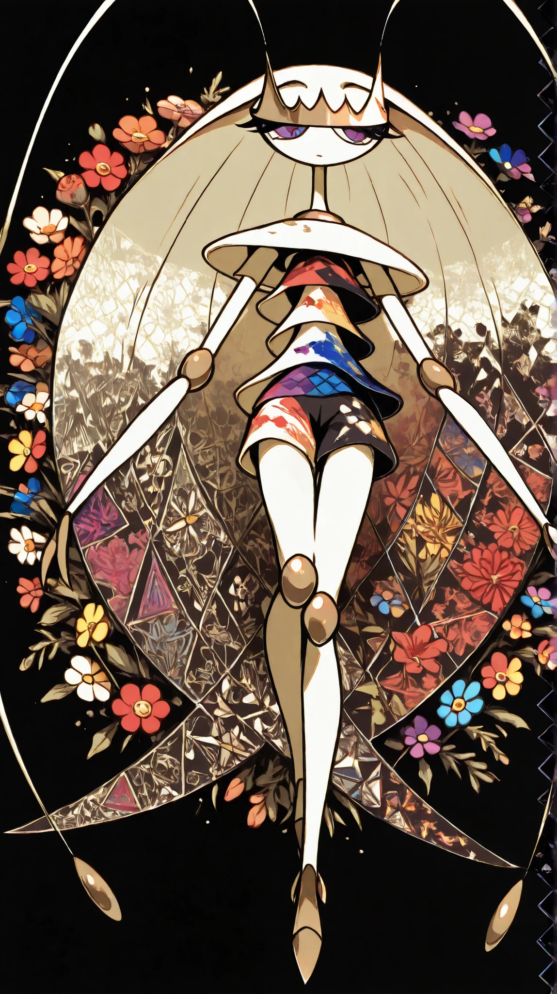 (in style of Takashi Murakami:1.0), beatiful face, feet,best quality,tonemapping, sharp focus, hyper detailed,(pheromosa),best quality,beautiful,pokemon,(2 fingers),(Clear eyes),solo,detaileds,8K,(slender:1.3),wallpaper,jumping kick,(Colorful flowers on black background:1.4), (pheromosa:1.0), intricate digital painting, highly intricate and colorful, dark but detailed digital art, Highly detailed symmetry, detailed digital artwork, Symmetrical intricate details, plethora of colors,colorful intricate masterpiece,(kaleidoscopic:1.1),(Geometric pattern background)、Sticker style,flower painted body, (cel anime:1.3)