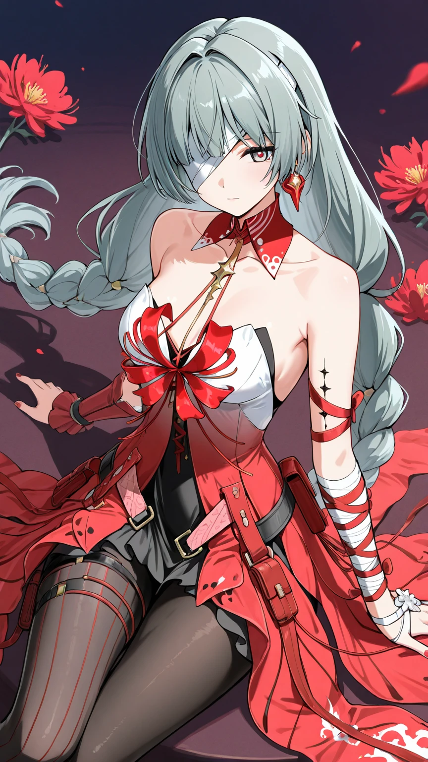 a girl，Sheep&#39;s horn, full color,  long white hair, Red眼睛 ，Eyeliner, , Turn your hips, immerse in water, black transparent clothes, Red, open air, Rose, night, ruins, Butterfly，back view，big asutt close-up